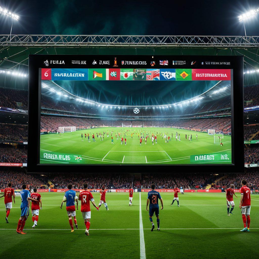 A dynamic football scene featuring diverse players in action on a vibrant green pitch, with a scoreboard in the background displaying exciting match stats. Include a magnifying glass overlay highlighting key statistics and analysis, symbolizing in-depth coverage. Add a fan zone with passionate supporters waving flags to showcase community involvement. The scene should convey energy, teamwork, and anticipation, framed within a stylish news headline banner. super-realistic. vibrant colors. 3D.