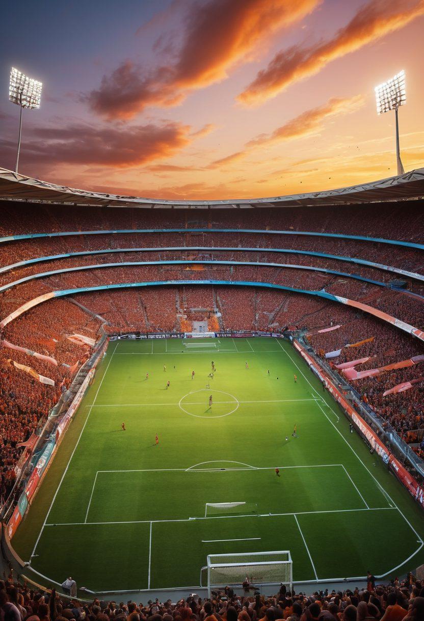 A vibrant football pitch under a sunset sky, featuring enthusiastic fans with colorful banners and jerseys, highlighting the spirit of the game. In the foreground, a detailed football with insightful tips inscribed on it. Include elements like goalposts and a cheering crowd to convey excitement. super-realistic. vibrant colors. dynamic composition.